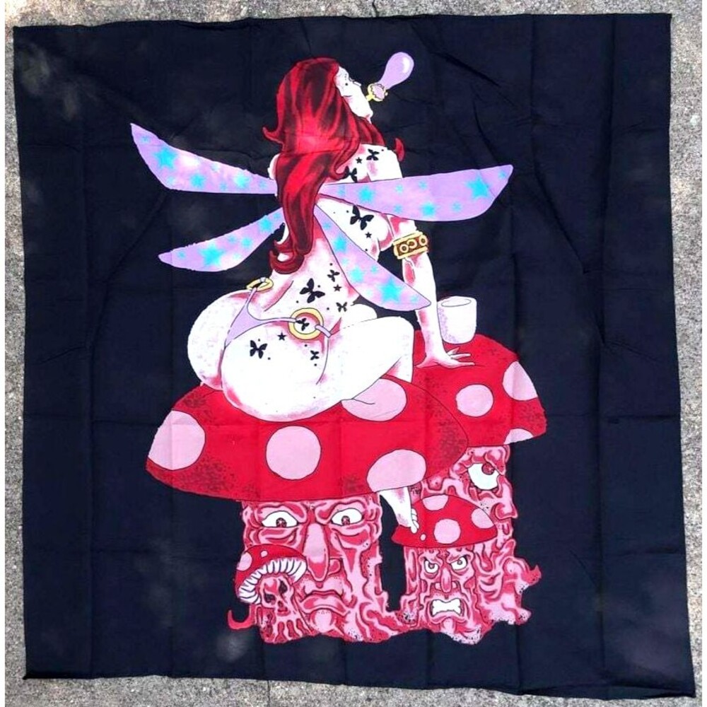 Fairy Sitting On Mushrooms Blowing Bubbles Fantasy Tapestry /Wall Hanging 45"
